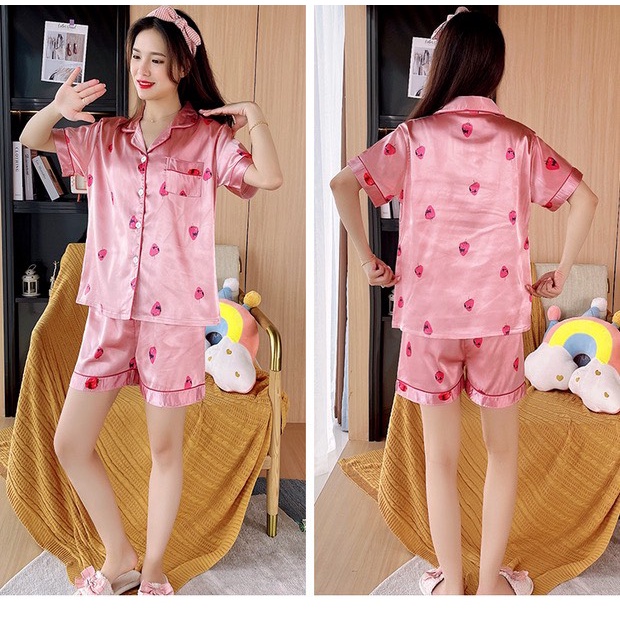 Bộ Đồ Ngủ Pijama Nữ Cộc Tay Siêu dễ thương, Bộ Pizama Lụa Satian cáo cấp mặc ở nhà cute