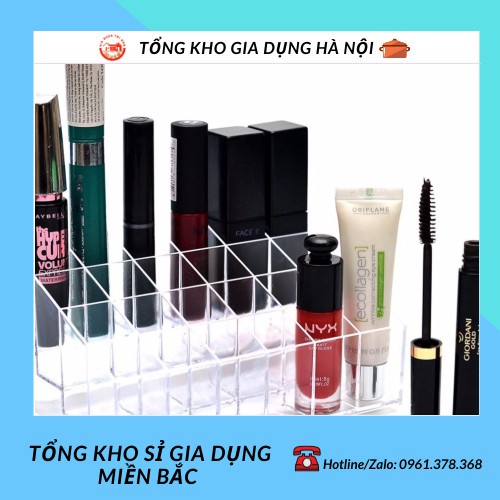 Hộp đựng son 24 ô, khay đựng son chứa được mỹ phẩm nhỏ cùng cọ trang điểm chất liệu Mika trong suốt 88189