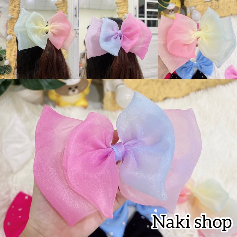 Kẹp nơ tiểu thư voan hồng 7 sắc cầu vòng xinh xắn