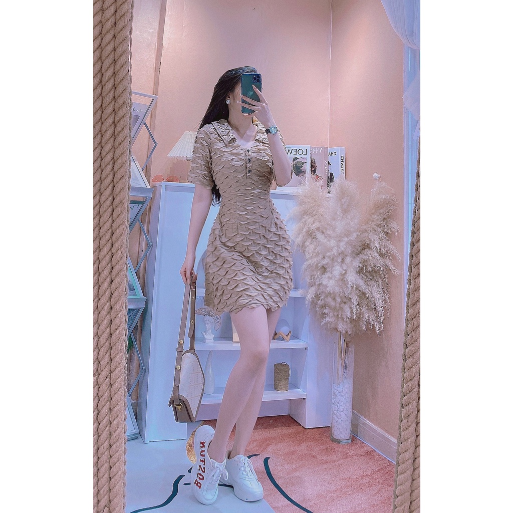 ĐẦM THUN SÓNG CỔ BẺ SANG TRỌNG QUÝ PHÁI ĐI TIỆC ĐI CHƠI VỚI MÀU NU, TRẮNG TRƠN