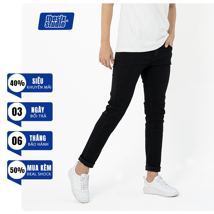 Quần jean đen nam rách gối - đen trơn Quần jean đen nam skinny không phai màu Thesix Studio