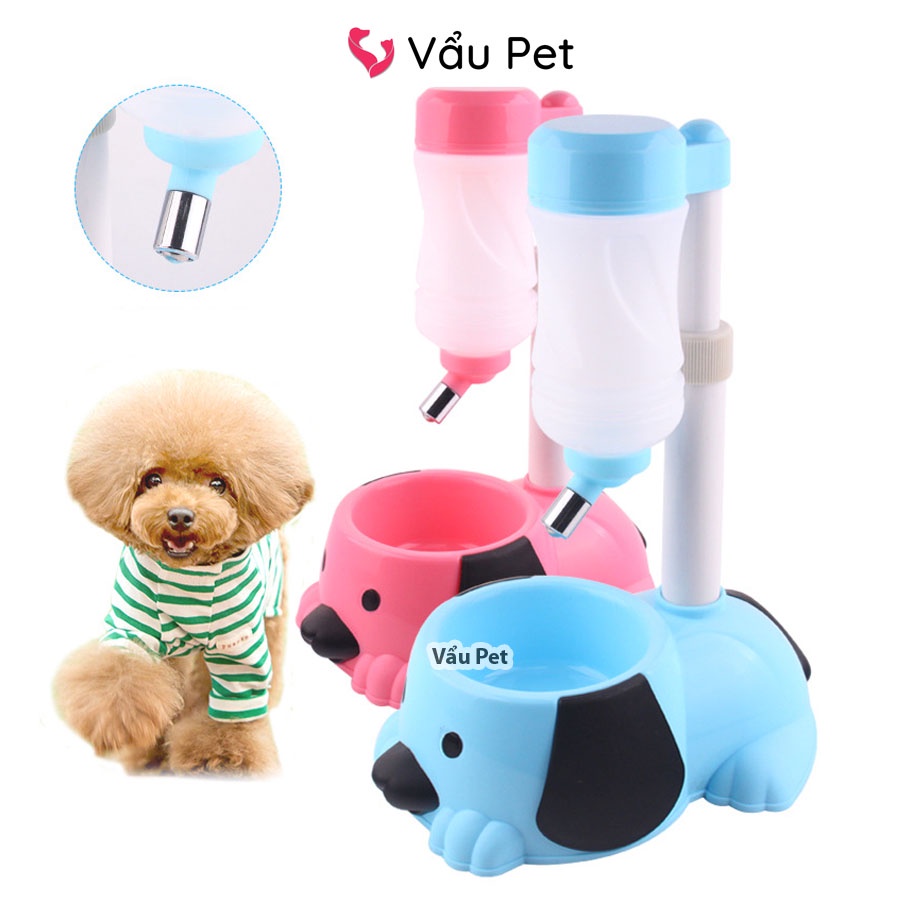 Bình nước tự động kèm khay đựng thức ăn hình con cún cho chó mèo