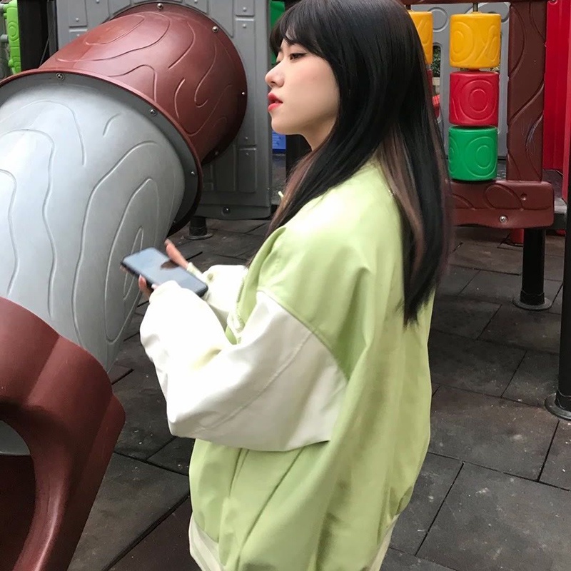 Áo Khoác Bóng Chày Dáng Rộng Màu Trắng Xanh Lá Phong Cách Cổ Điển Thời Trang Cho Nữ