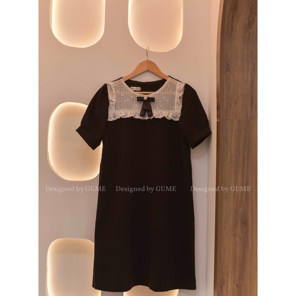 Váy bầu bigsize thiết kế công sở GuMe dáng chữ A phối cổ yếm nơ đen chất vải sạn lụa cao cấp dày dặn 40-100kg GM006