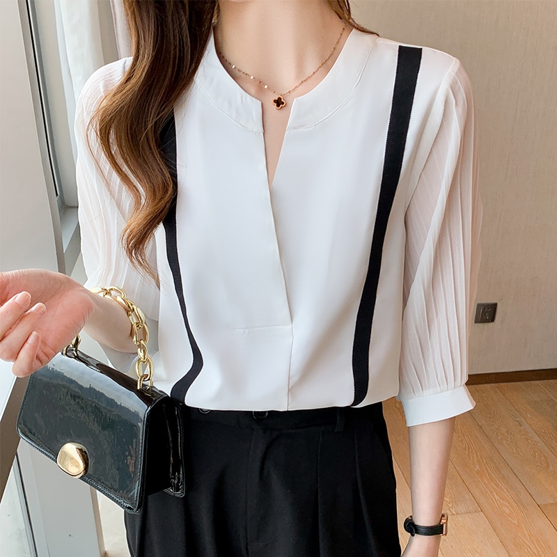 Korean Style Temperament Elegant Chiffon Office Shirt Women Summer Pleated 3/4 Sleeve Blouse White