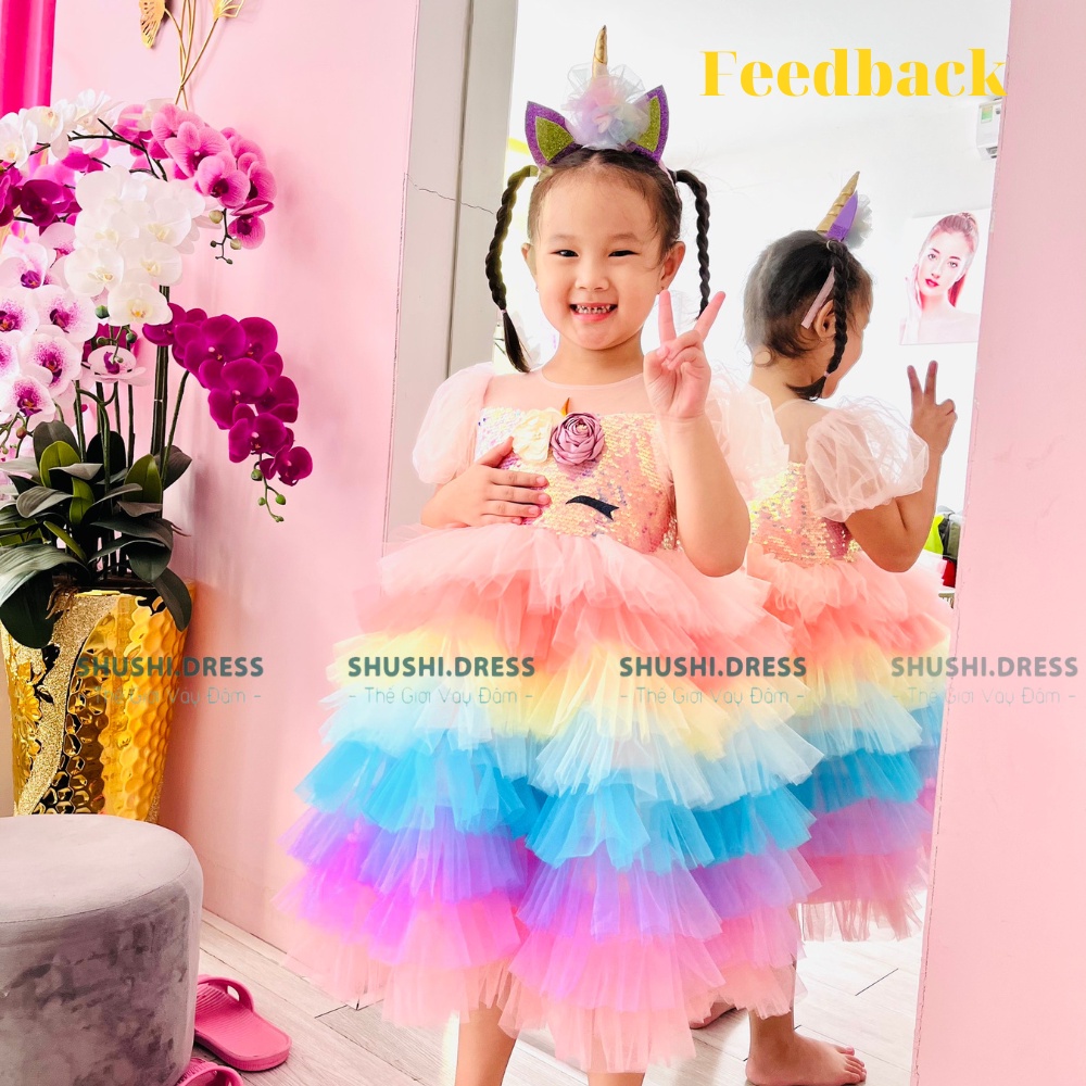 váy công chúa bé gái, đầm công chúa pony màu hồng cho bé đi tiệc, thôi nôi, sinh nhật kèm sừng ngựa thần, nơ rời SHUSHI