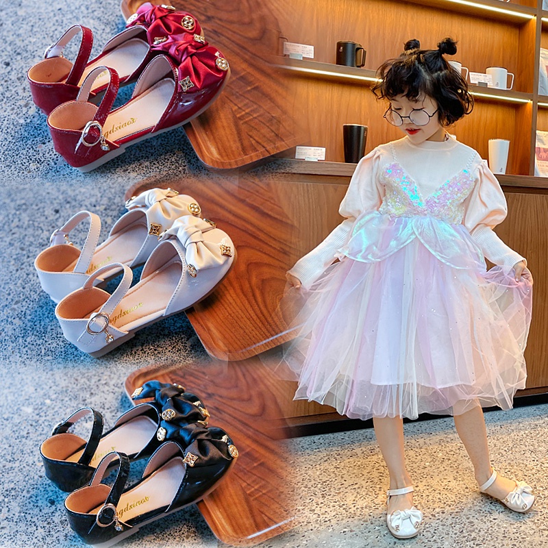 Xăng đan Da Đế Bằng Phối Nơ Thanh Lịch Cho Bé Gái 3-16 Tuổi