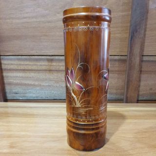 Ống nhang gỗ tràm bông vàng hoa sen đắp nổi cao 26cm