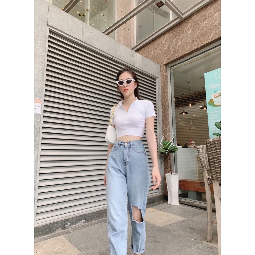 áo thun nữ body croptop kiểu kèm dây kéo cổ