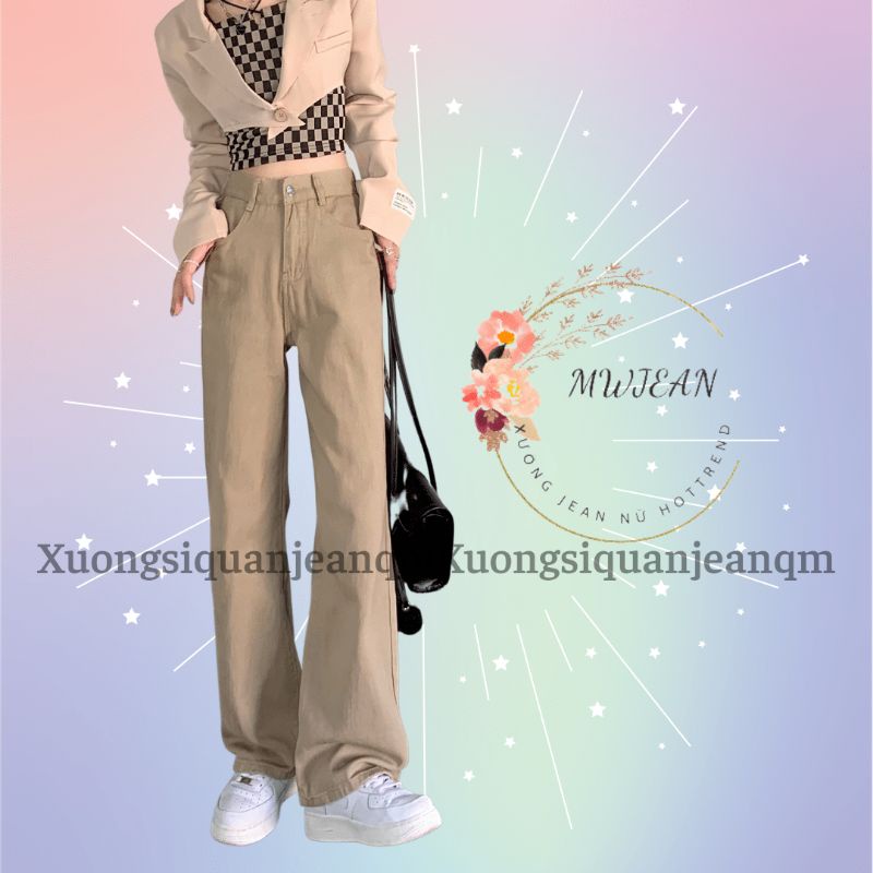 Quần ống rộng,dáng xuông nữ cạp cao, quần jean nữ ống đứng trơn xuông