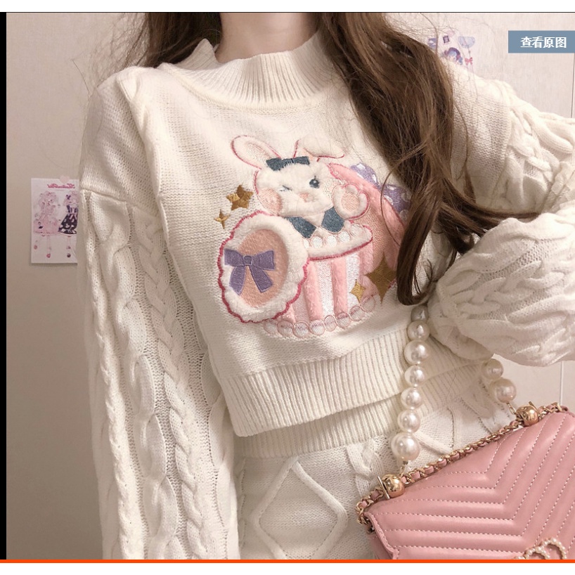 Bộ Áo Sweater Dệt Kim Phối Chân Váy Ngắn Thêu Hình Thỏ Mềm Mại Thời Trang Mùa Xuân Cho Nữ