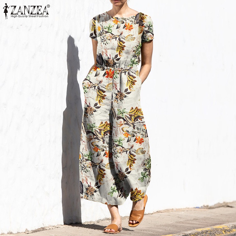 Áo liền quần ZANZEA tay ngắn ống rộng in họa tiết hoa phong cách vintage thời trang cho nữ