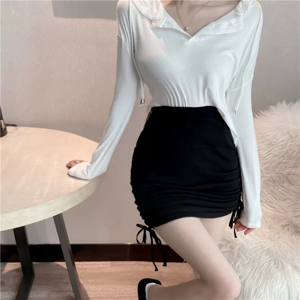 Chân Váy Rút Dây Dáng Chữ A Váy Ngắn Trắng Đen Chất Liệu Thun Cotton Trơn Co Gian Dưới 53kg