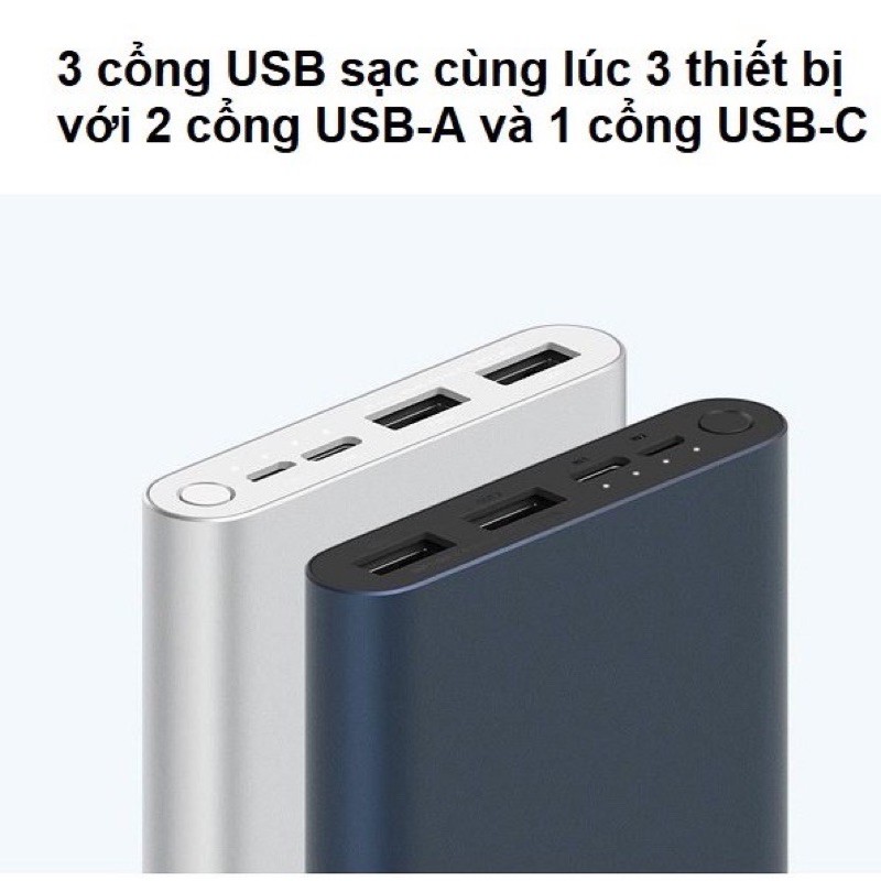 Sạc Dự Phòng Xiaomi Gen 3 - Dung Lượng 10.000mah - 2 Cổng USB - 1 Cổng TypC [ BẢO HÀNH 12 THÁNG ]