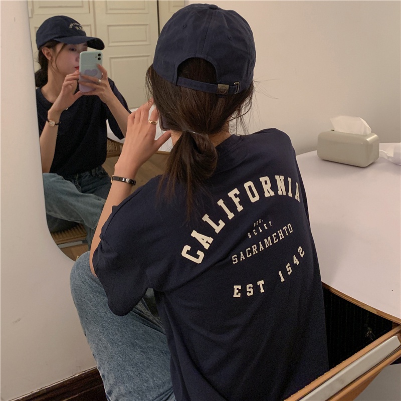 SUXI Áo thun dáng rộng tay ngắn cổ tròn in chữ phong cách retro thời trang hè cho nữ