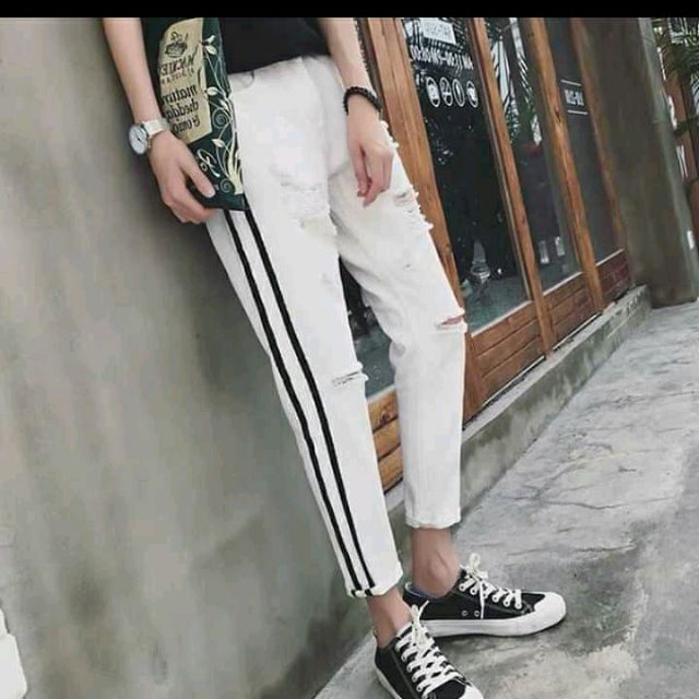 Quần jeans  trắng sọc đen