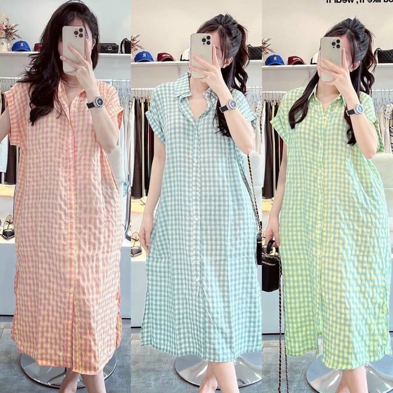 Váy Sơ Mi Suông Caro V006, Đầm Sơ Mi Cổ Bẻ Dáng Maxi Dài Đủ Màu Lekemqc