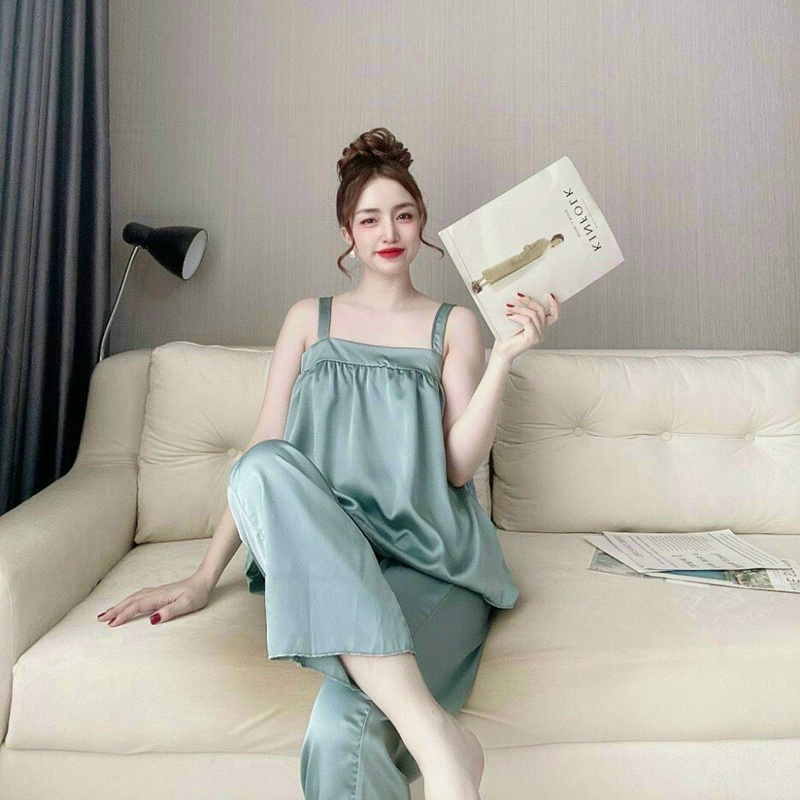 Bộ đồ ngủ 2 dây chất lụa siêu thoáng mát, freesize cho 56kg đổ về | BigBuy360 - bigbuy360.vn