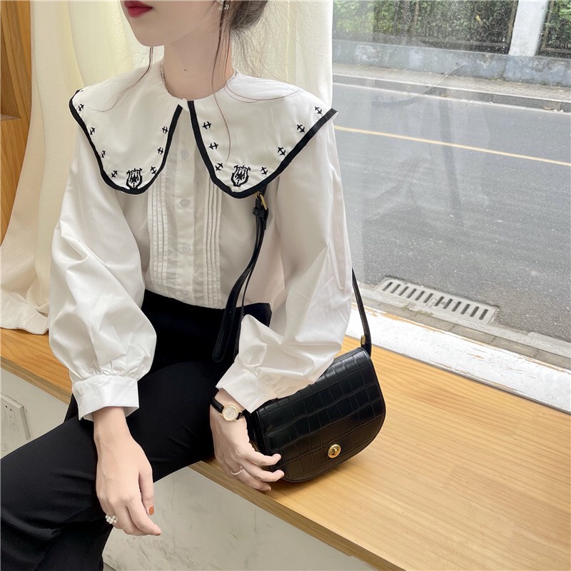 [Ảnh thật] Áo sơ mi cổ bèo xếp li ngực cách điệu họa tiết cổ áo ulzzang