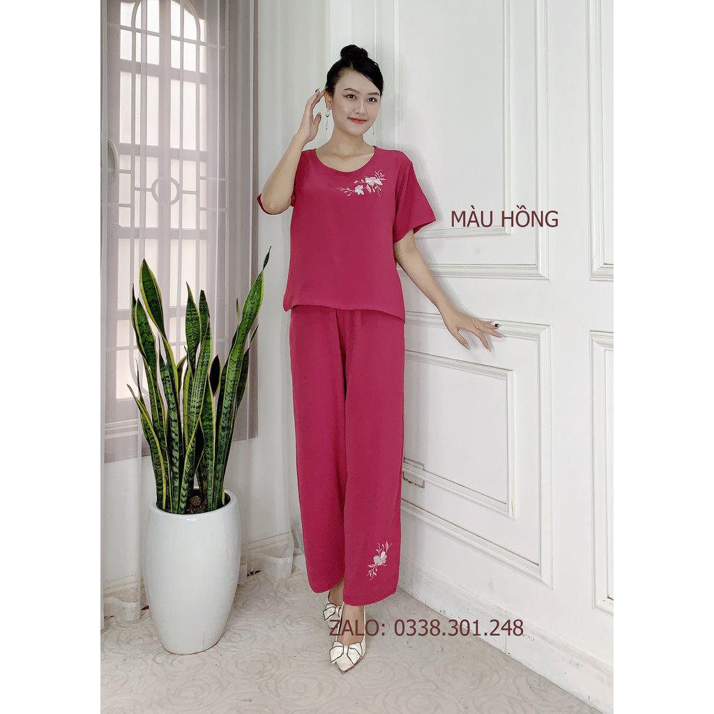 Bộ Đũi thêu hoa Trung niên cho bà cho mẹ Tay cộc Quần dài