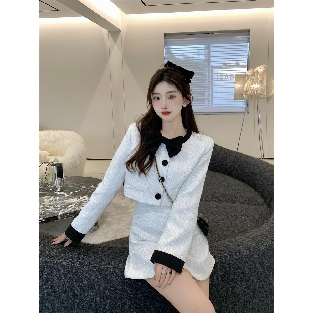 sét dạ tweed trắng nơ cổ tròn dễ thương sang chảnhUlzzang hàn quốc A186