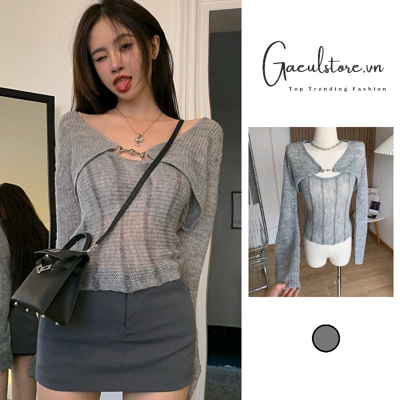 Gaeul store- set áo len dệt kim ghi sáng gồm áo choàng lừng cài & áo dây kim sa