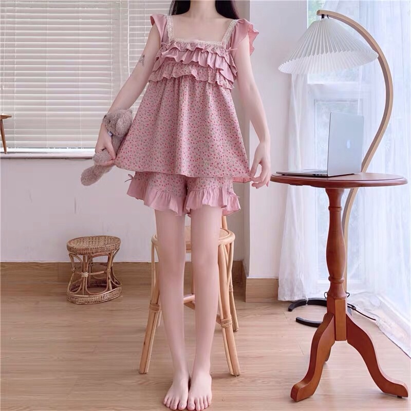Bộ ngủ hai dây tiểu thư bánh bèo cao cấp (CÓ SẴN)