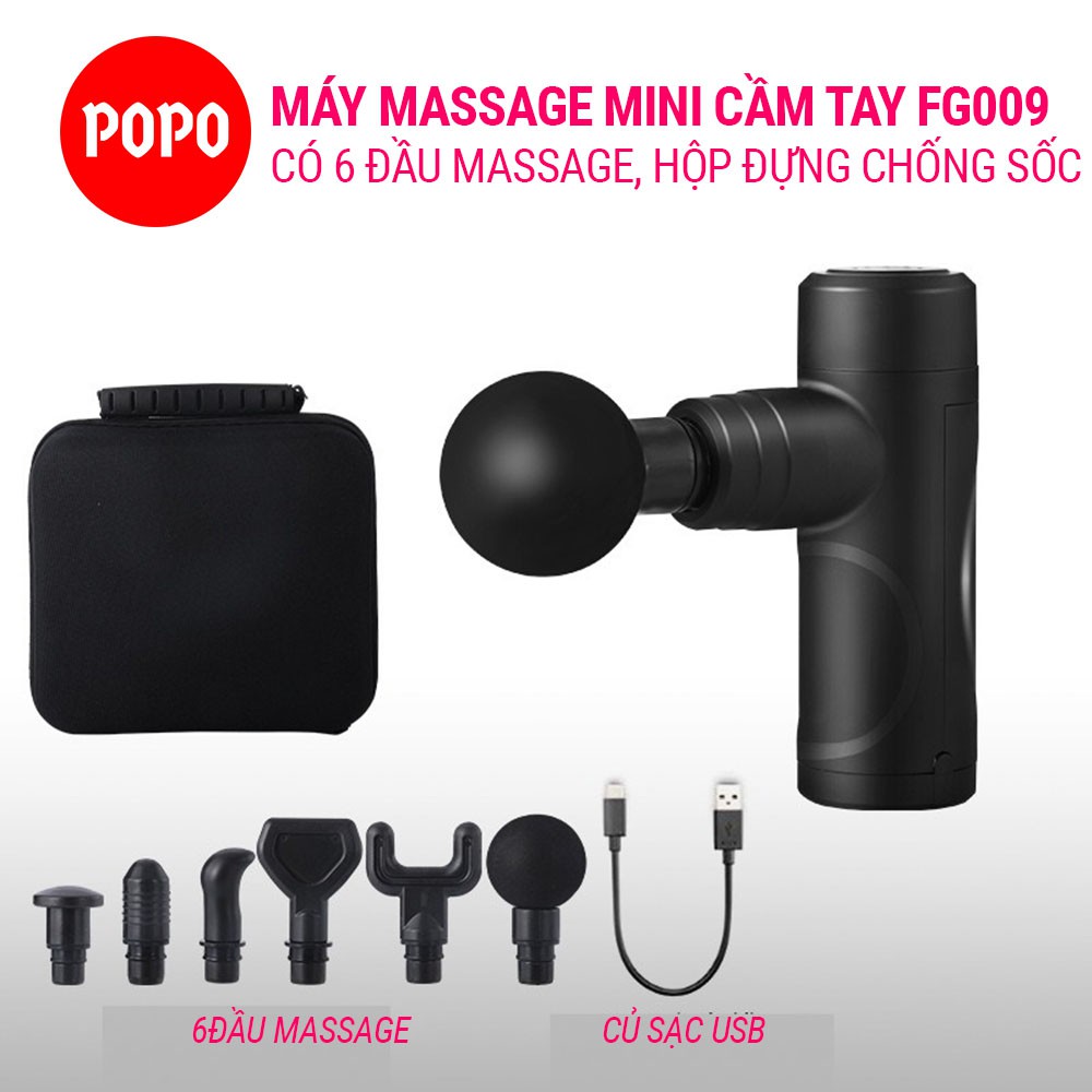 Máy Massage Cầm Tay POPO súng mát xa cao cấp giúp tập luyện làm giảm đau cơ bắp gồm 6 đầu massage