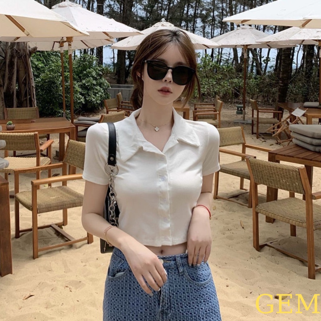 Áo croptop tay ngắn cổ Polo phong cách Hàn Quốc , áo thun nữ cộc tay 6 nút cổ bẻ