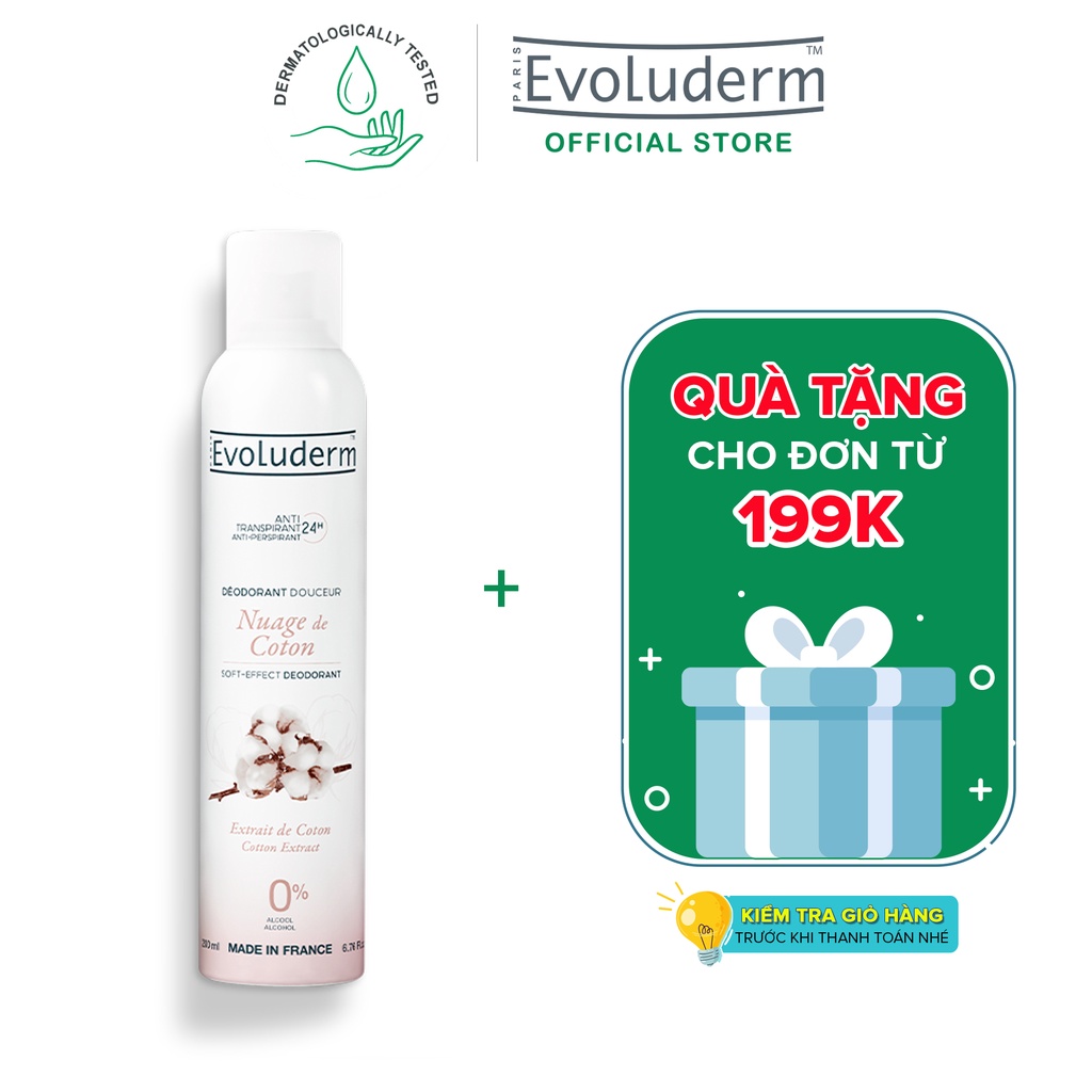 Xịt khử mùi toàn thân Evoluderm hương hoa Coton ngăn khuẩn gây mùi suốt 24h - 200ml (15257)