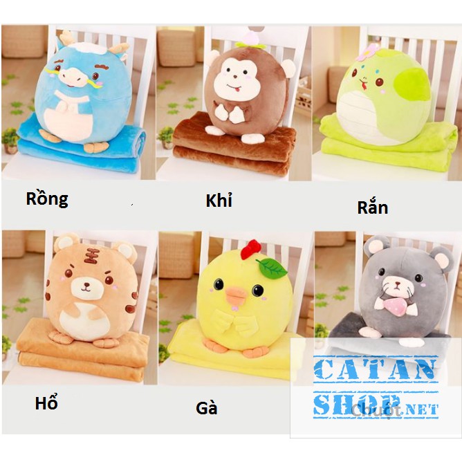 ❤️QUÀ TẶNG ❤️ Gối mền 12 con giáp 3 trong 1 nỉ nhung siêu mịn, chăn gối văn phòng, gấu bông kèm mền, quà tặng sinh nhật