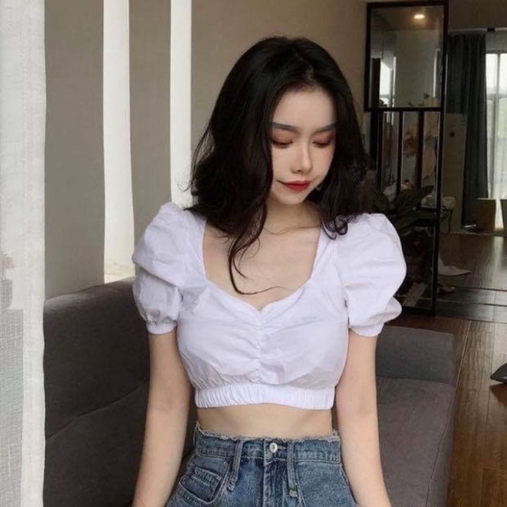 Áo Croptop chun ở ngực gấu tay phồng công chúa