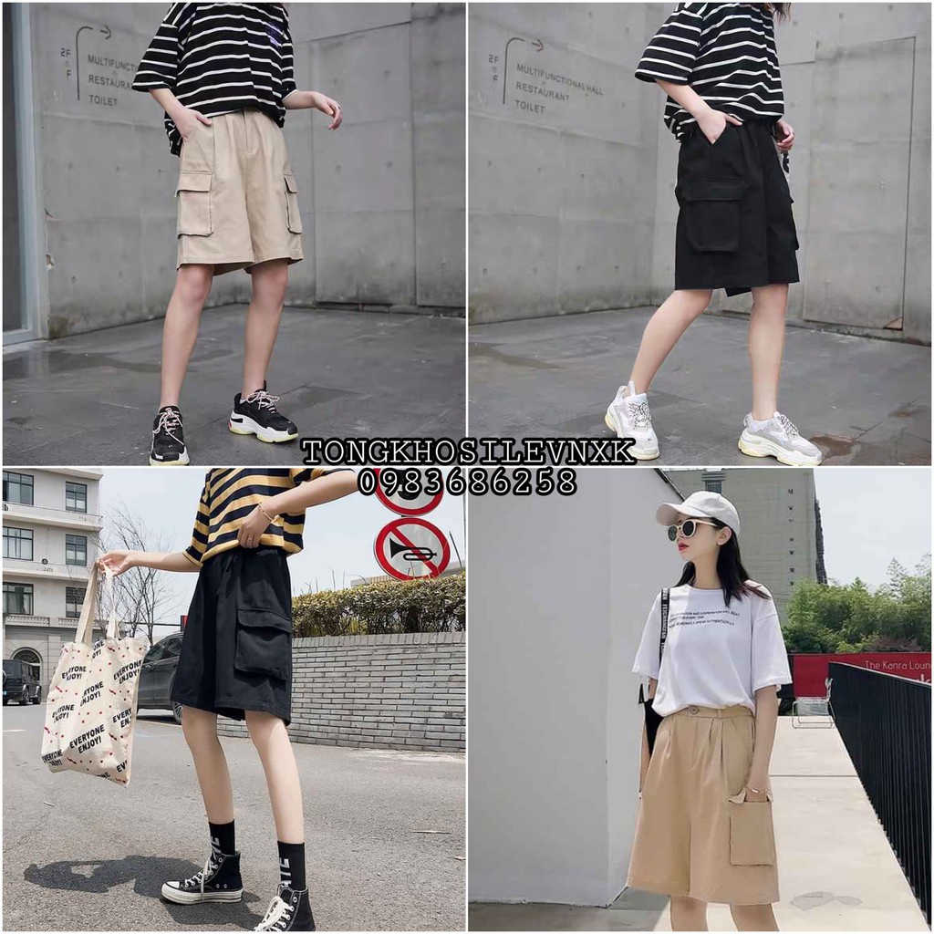 QUẦN SHORT KAKI TÚI HỘP BOX CÚC CÀI L1 NAM NỮ MÀU ĐEN BE UNISEX