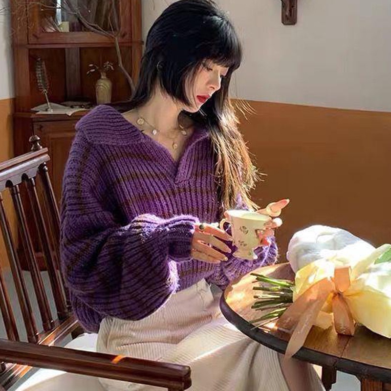 Áo sweater dệt kim IELGY họa tiết kẻ sọc thời trang cho nữ