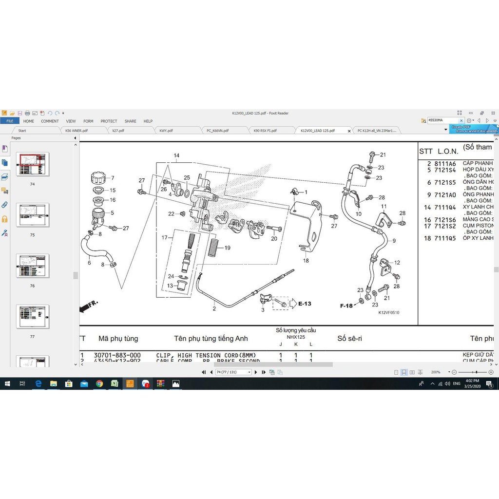 CỐT BEN ( XY LANH PHANH CHÍNH ) SH Ý , VISION ĐƠI ĐẦU, LEAD 125 