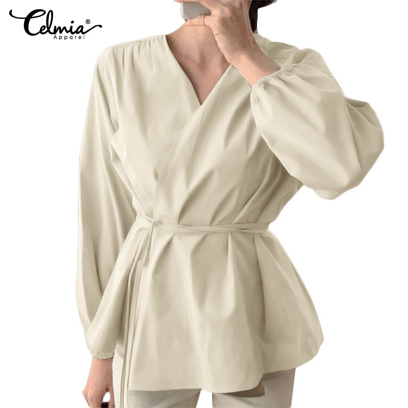 Áo kiểu Celmia tay dài cổ chữ V viền xếp ly cỡ lớn thời trang cho nữ