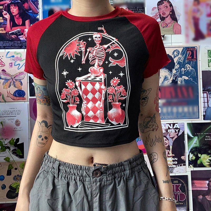 Áo Thun Crop Top Nữ Tay Ngắn In Hình Bộ Xương Màu Sắc Nổi Bật