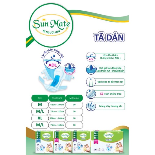 BĂNG VỆ SINH NGƯỜI GIÀ / BỈM NGƯỜI GIÀ CAO CẤP SUNMATE M10-M/L10-L/XL10 (TẬP ĐOÀN TAISUN ĐÀI LOAN)