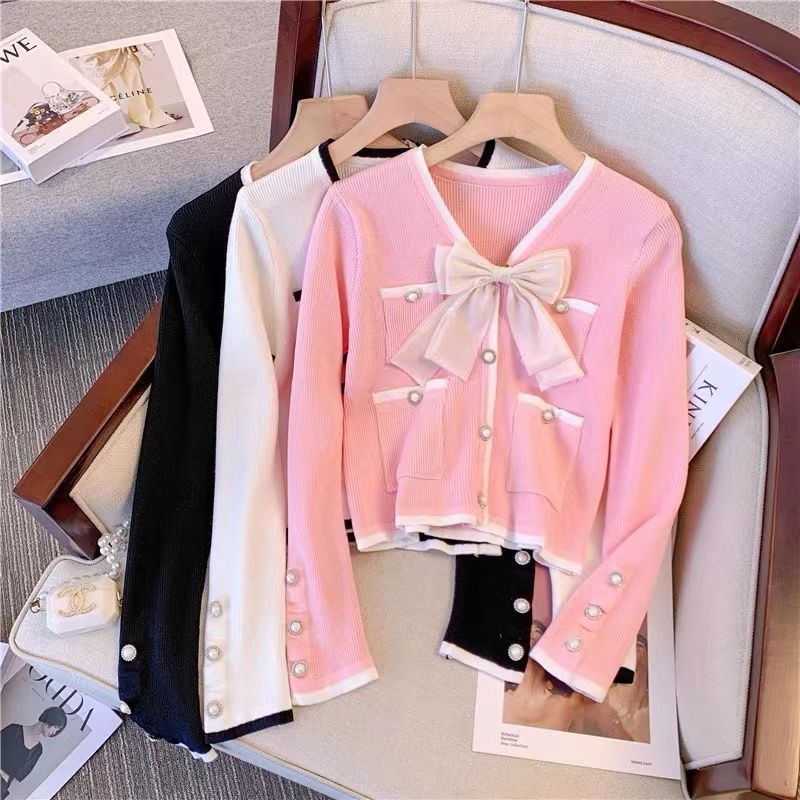 Áo Sweater Dệt Kim Tay Dài Màu Trắng Phối Nơ Phong Cách Pháp Thời Trang Cho Nữ  tao bao