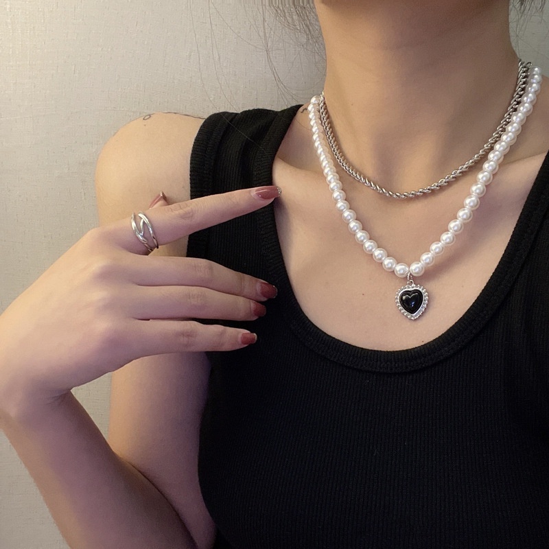 Vòng Cổ Hai Lớp Bằng Thép Titan Đính Ngọc Trai Đen Phong Cách Hàn Quốc