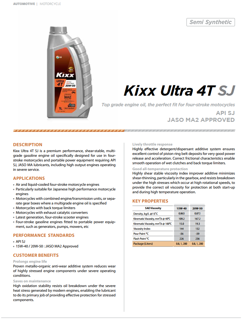 [Combo 12 chai 0.8L] Nhớt xe số bán tổng hợp Kixx Ultra 20w50 SJ