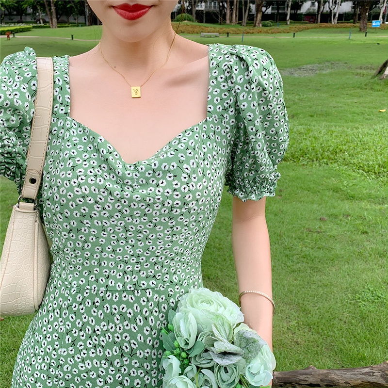 Đầm IELGY tay ngắn cổ vuông họa tiết hoa phong cách Pháp ngọt ngào tươi tắn nhỏ nhắn dành cho nữ