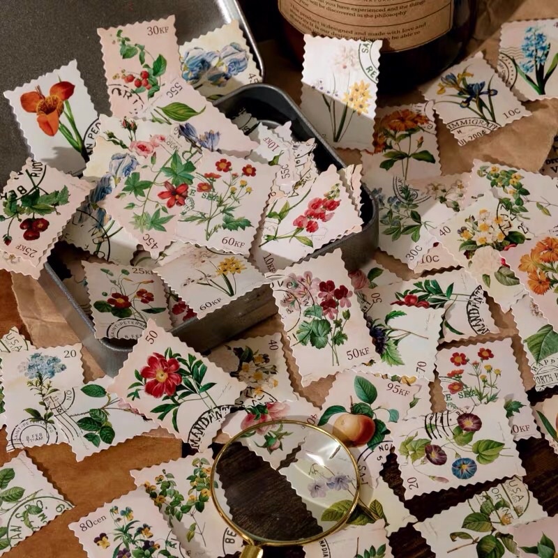 Hộp 46 sticker hoa vintage, tem thư, nhãn dán trang trí