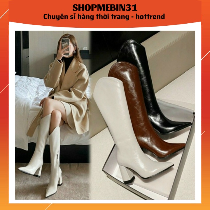 Boot Đùi Da Mềm Bốt Đùi Nữ Gót Vuông Cổ Chữ V Khóa Kéo Hông Cá Tính (Fullbox V245 + Ảnh Thật)