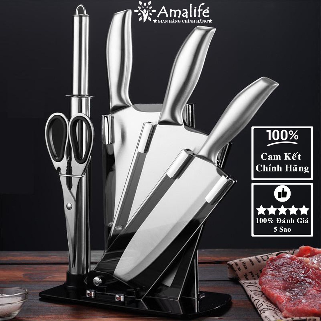 Bộ Dao Kéo Nhật Bản 5 Món Bằng Inox Đúc Nguyên Khối Cao Cấp Kháng Khuẩn Cực Tốt – Tặng Kèm Bộ Để Dao Thớt Hãng Amalife