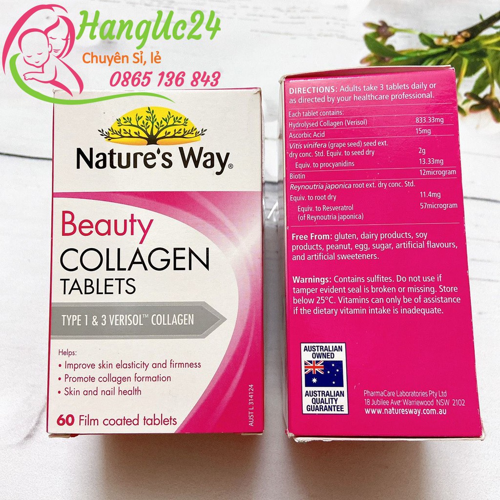 Viên uống đẹp da, tóc Collagen Nature's Way của Úc, 60 viên - Beauty Collagen Booster Natures Way - Đủ bill Chemist