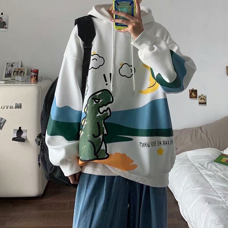 Áo hoodie dáng rộng in họa tiết khủng long hoạt hình cao cấp thời trang dành cho cả nam và nữ | BigBuy360 - bigbuy360.vn