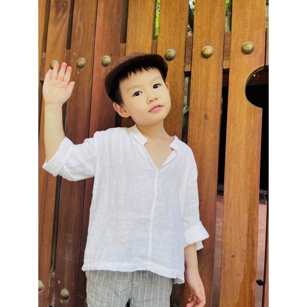 Áo sơ mi bé trai cổ trụ Linen lụa