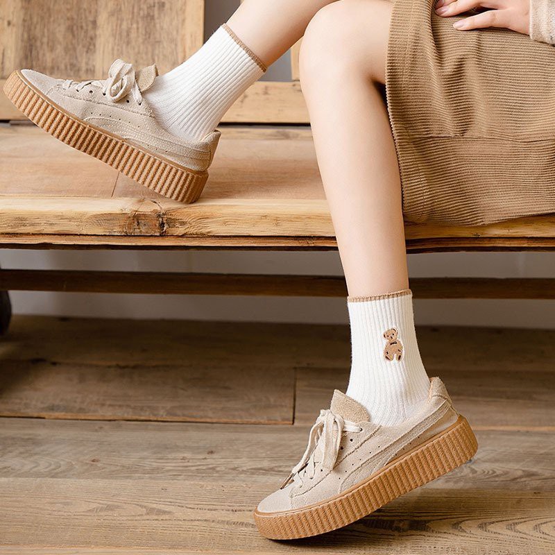 Tất nữ cổ cao Mivino vải cotton in hình chú gấu hoạt hình phong cách Hàn Quốc TN134
