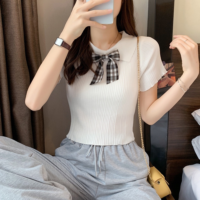 Áo thun bằng vải dệt kim tay ngắn cổ búp bê đính nơ thời trang mùa hè phong cách Hàn Quốc cho nữ VN170